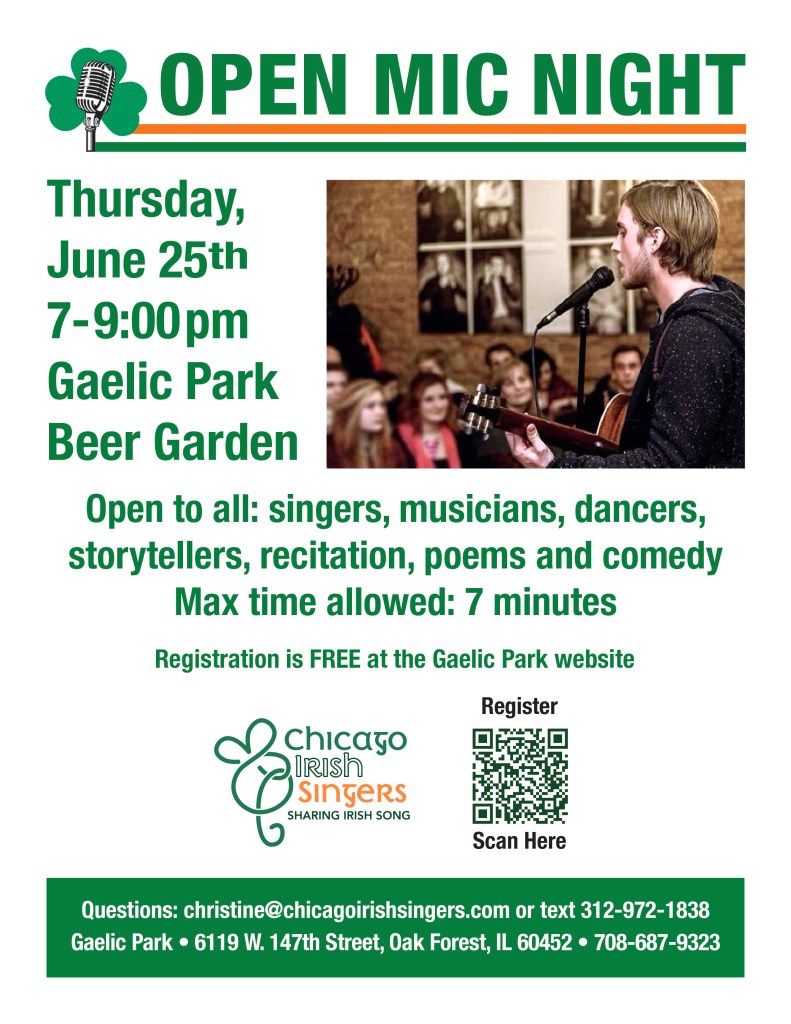 Promotional flyer for an Open Mic Night event at Gaelic Park, featuring details like the date, time, location, and activities. Includes a QR code for registration.